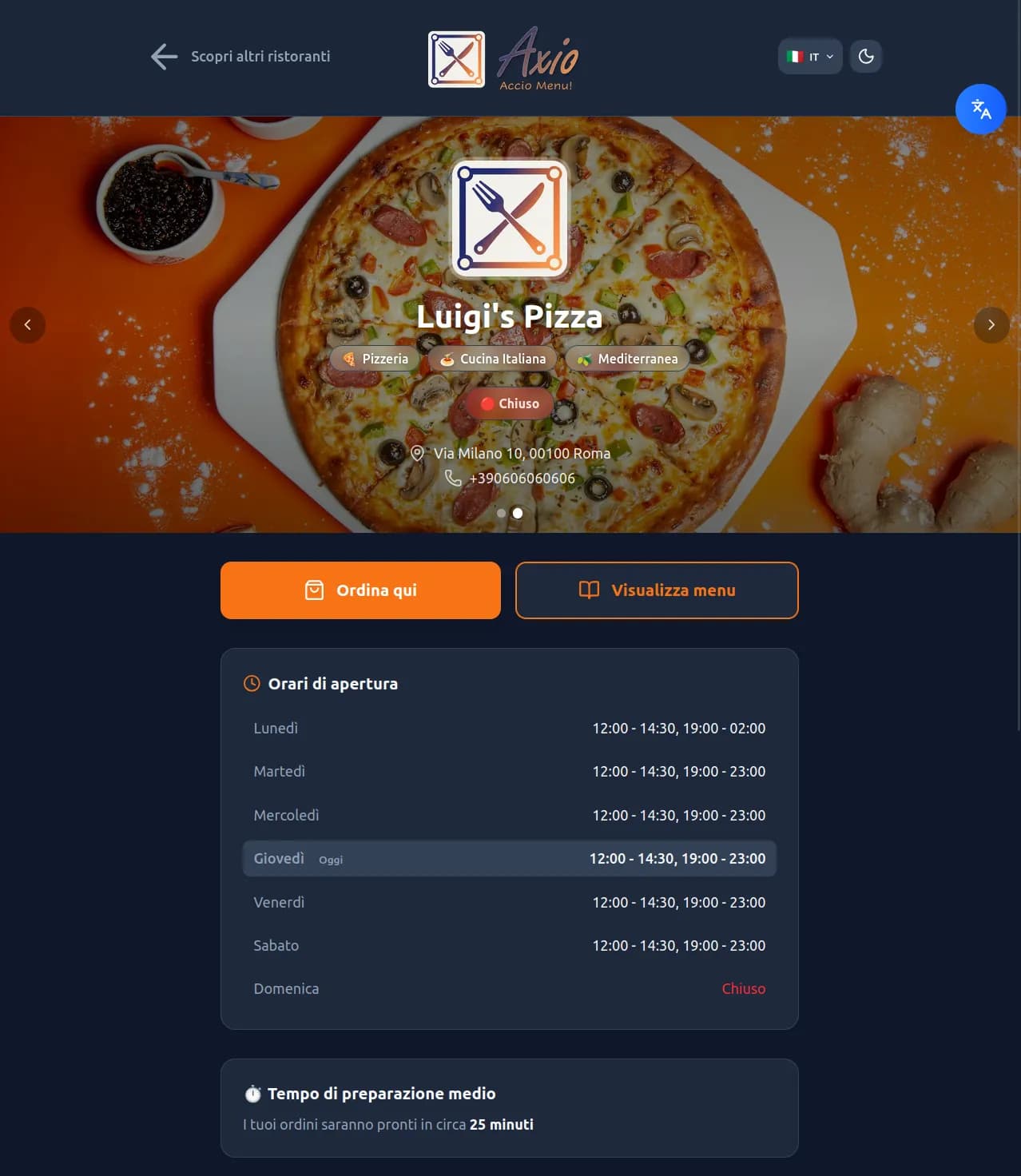 Pagina del Ristorante